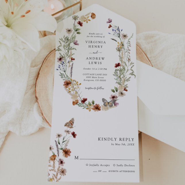 Faire-Part de Mariage Tout en Un Boho (White Boho Wildflower All in One Wedding Invite with Butterfly by Painted Paperie
)
