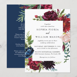 Faire-part de mariage tout-en-un floral bordeaux e