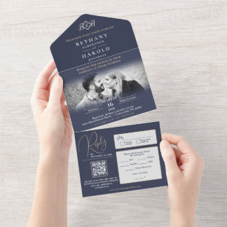 Faire-part de mariage tout-en-un Monogramme Bleu