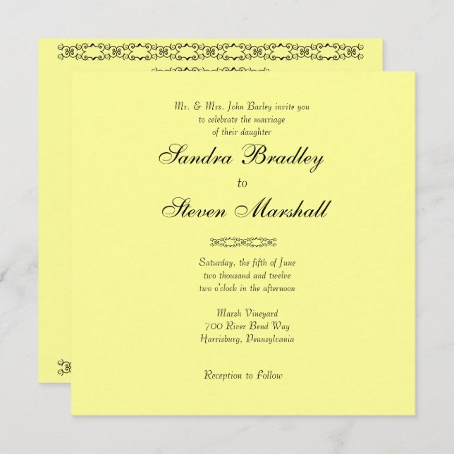 Faire-part de mariage tout simplement jaune (Devant / Derrière)