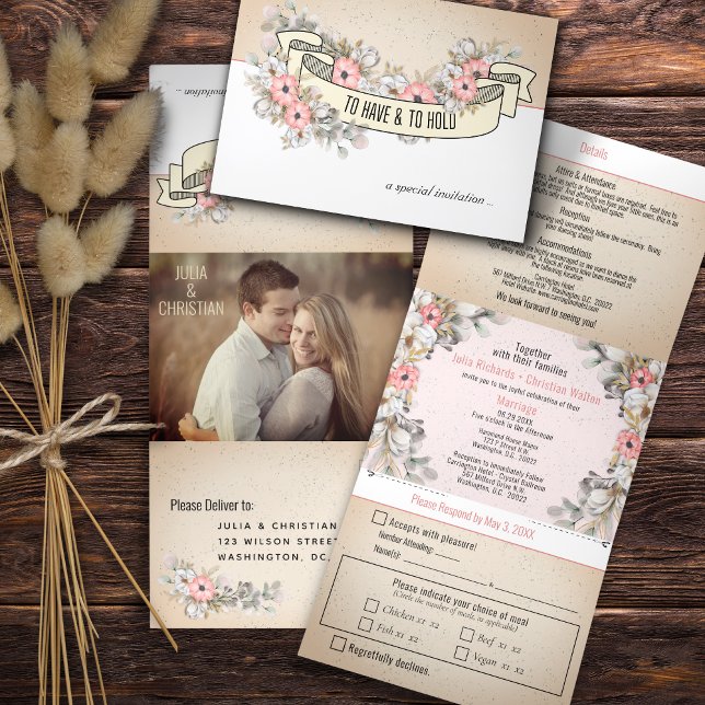 Faire-part de mariage Trifold Ruban Floral avec RS (Créateur téléchargé)