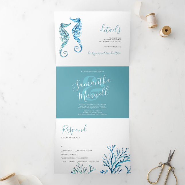 Faire-part de mariage triplé côtier de Seahorse (Intérieur)