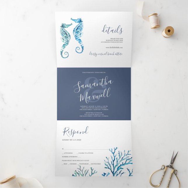 Faire-part de mariage triplé côtier de Seahorse (Intérieur)