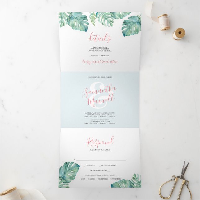 Faire-part de mariage triplé vert tropical (Intérieur)
