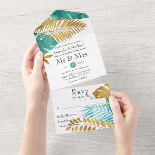 Faire-part de mariage tropical sarcelle et or tout