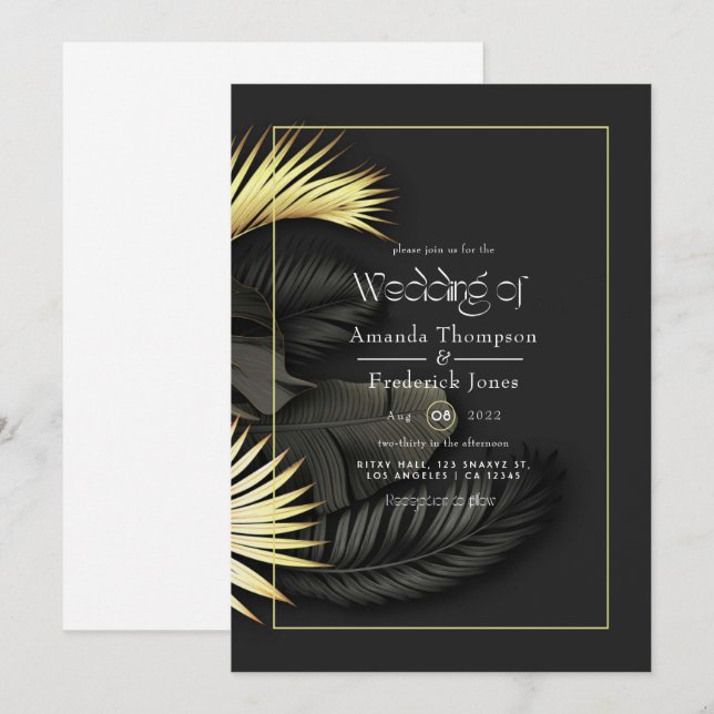 Faire-part de mariage tropicale noire et or (Devant / Derrière)