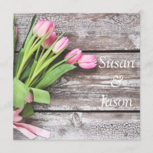 Faire-part de mariage : Tulipes roses et bois