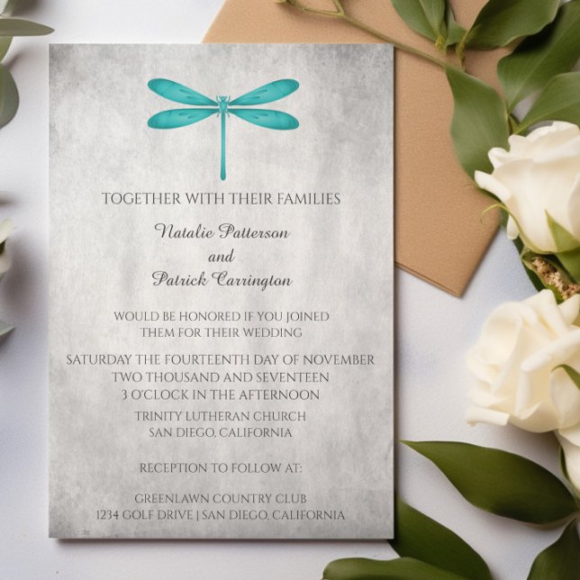 Faire-part de mariage turquoise de libellules (Teal Dragonfly Wedding Invitation)