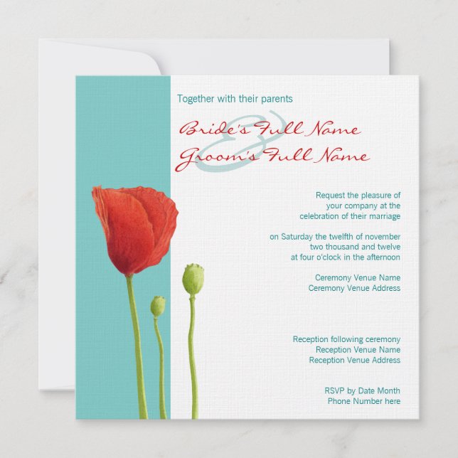 Faire-part de mariage turquoise de Red Poppy (Devant)