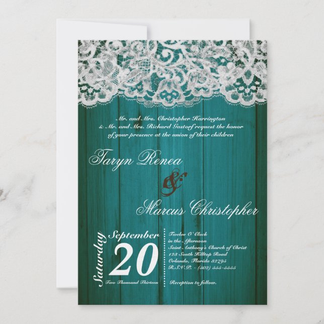 faire-part de mariage turquoise en bois 5x7 et de (Devant)
