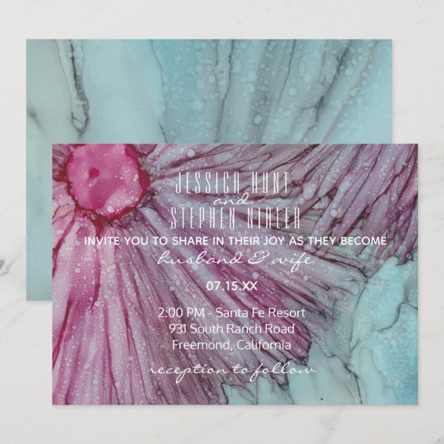 Faire-part de mariage Turquoise et Lavande (Devant / Derrière)
