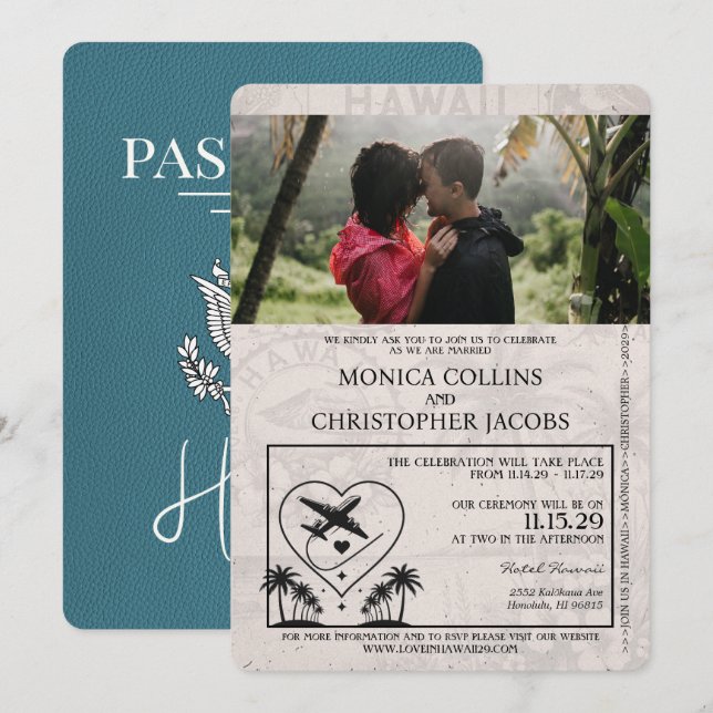 Faire-part de mariage turquoise Hawaii Passport (Devant / Derrière)