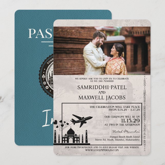 Faire-part de mariage turquoise India Passport (Devant / Derrière)