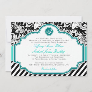 faire-part de mariage turquoise noir blanc damassé