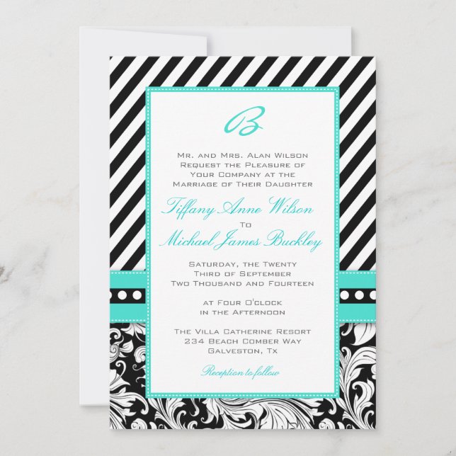 faire-part de mariage turquoise noir blanc damassé (Devant)