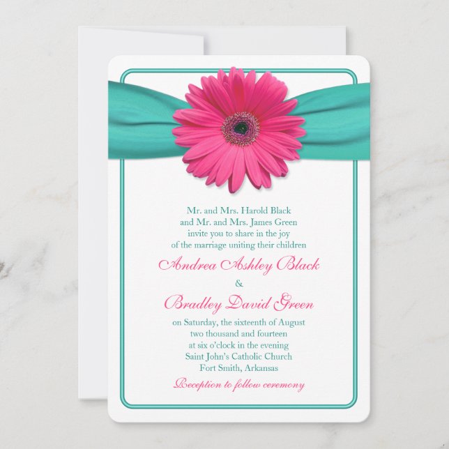 Faire-part de mariage Turquoise rose Gerber Daisy (Devant)