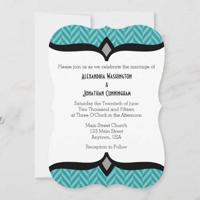 Faire-part de mariage turquoise White Herringbone (Devant)