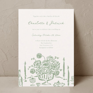 Faire-part de mariage vert de l'aile blanche dessi