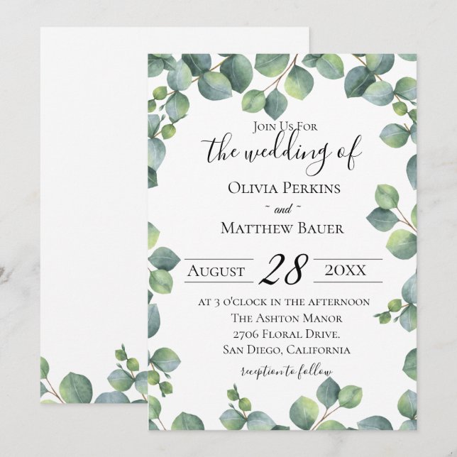 Faire-part de mariage vert des Eucalyptus (Devant / Derrière)