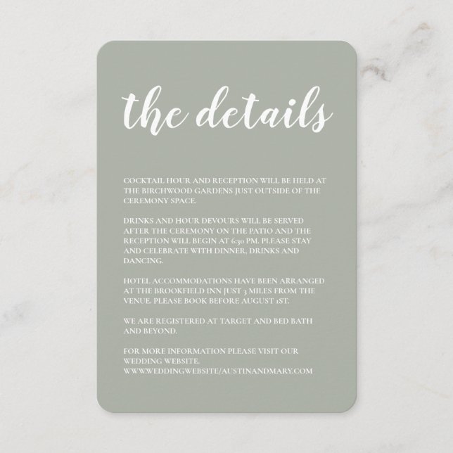 Faire-part de mariage vert Détails Carte de boîtie (Devant)