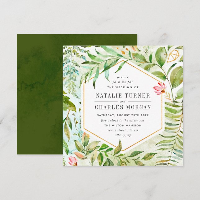 Faire-part de mariage vert floral de feuillage (Devant / Derrière)