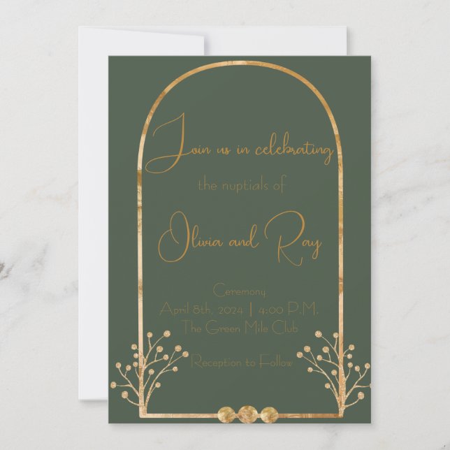 Faire-part de mariage vert foncé et or (Devant)