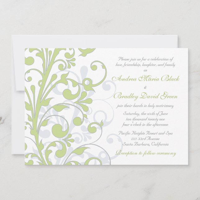 Faire-part de mariage vert printemps, gris et blan (Devant)