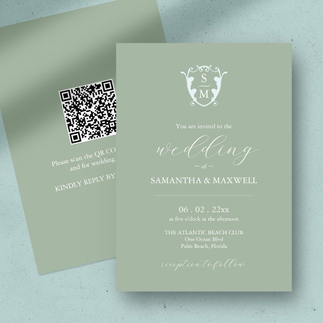 Faire-part de mariage vert Sage avec code QR (QR code wedding invitation sage green minimalistic custom monogram crest )