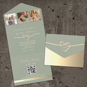 Faire-part de mariage vert sauge avec collage de p