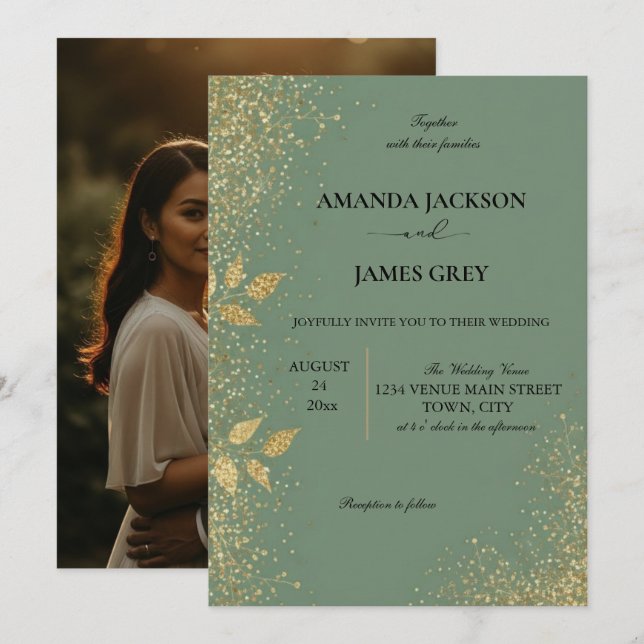 Faire-part de mariage vert sauge et or (Devant / Derrière)