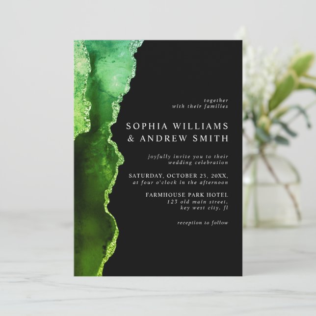 Faire-part de mariage verte Black & Emerald (Debout devant)