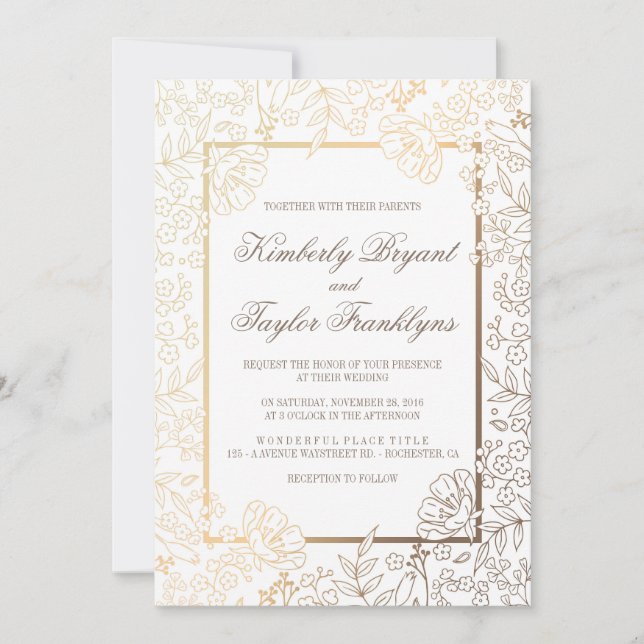Faire-part de mariage vintage blanc floral d'or (Devant)
