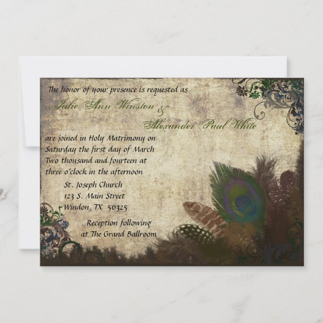Faire-part de mariage vintage de paon (Devant)