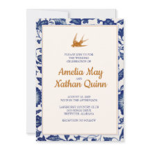 Faire-part de mariage vintage d'oiseaux en bleu él