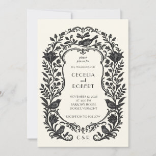 Faire-part de mariage vintage folk floral oiseau b