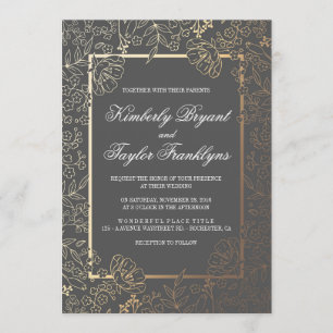 Faire-part de mariage vintage gris floral d'or