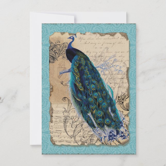 Faire-part de mariage vintage Paon ancien 5x7 (Devant)