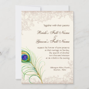 Faire-part de mariage Vintage Peacock Feather Etch