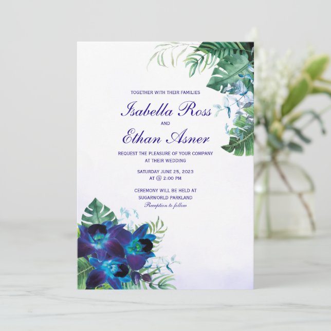 Faire-part de mariage violet bleu turquoise orchid (Debout devant)