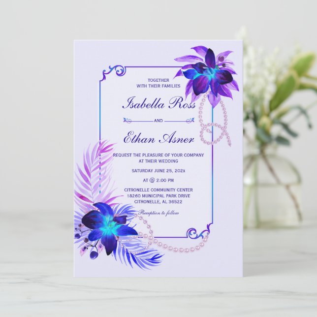 Faire-part de mariage violet bleu turquoise orchid (Debout devant)