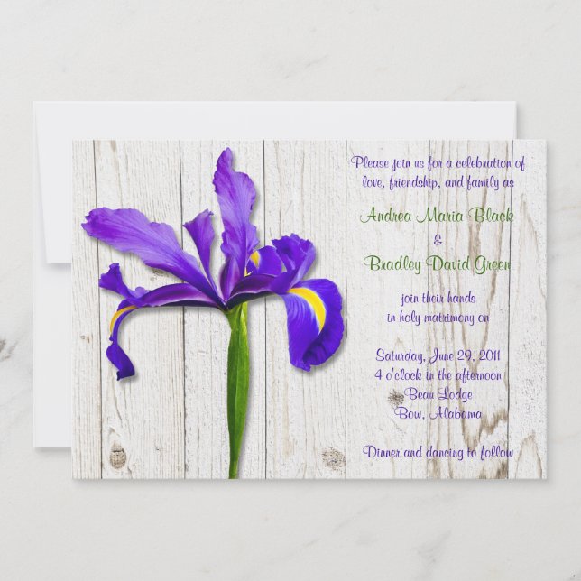 Faire-part de mariage violet Iris blanchis en bois (Devant)