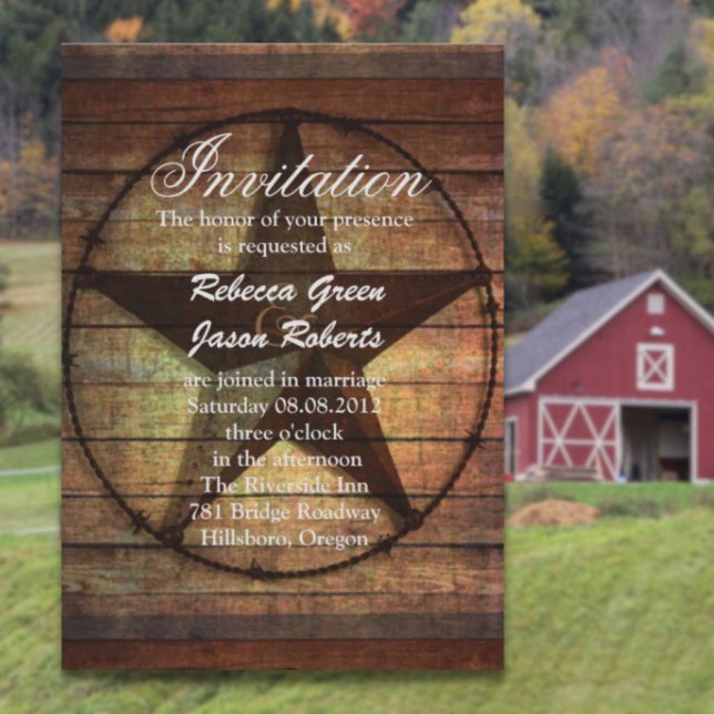 faire-part de mariage western en bois rustique éto (rustic wood texas star western wedding invitation)