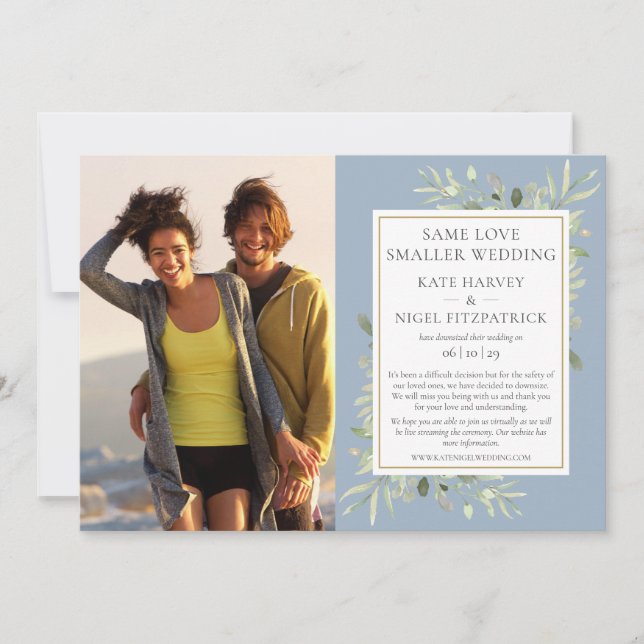 Faire-part de micro-mariage downsized bleu poussié (Devant)