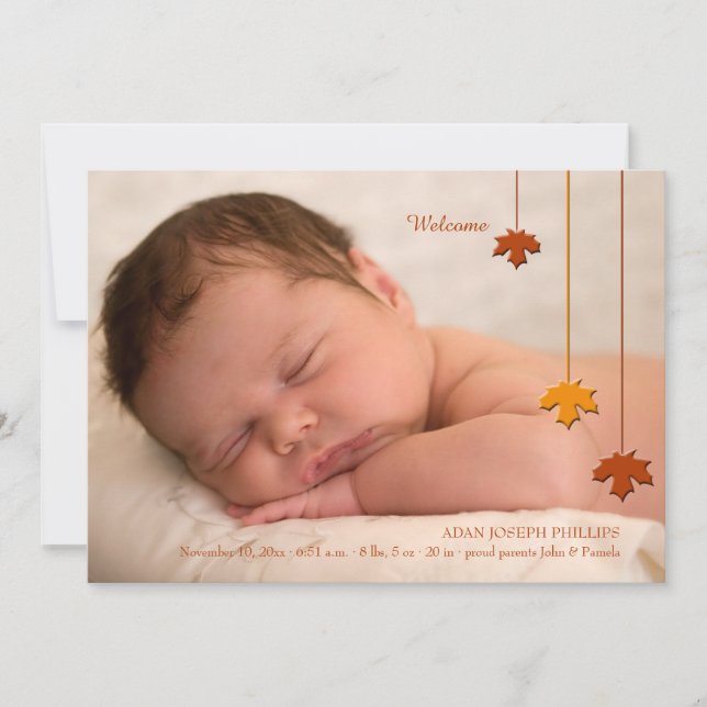 Faire-part de naissance avec photo de feuilles d'a (Devant)