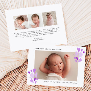 Faire-part de naissance avec photo et coeurs viole