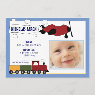 Faire-part de naissance Avions et Trains (bleu per