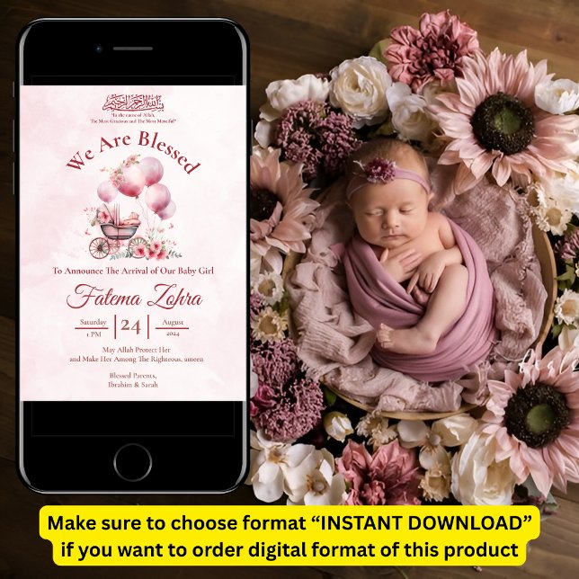 Faire-part de naissance Bébé Fille Musulmane Pouss (Créateur téléchargé)