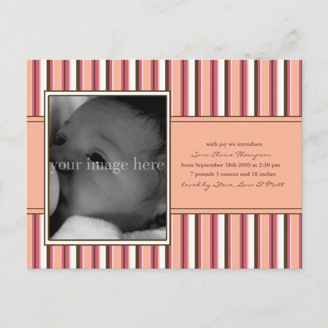 Faire-part de naissance bébé rayé rose (Devant)