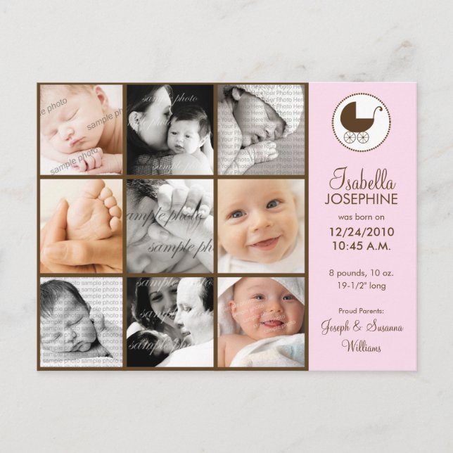 Faire-part de naissance bébé rose en collage photo (Devant)