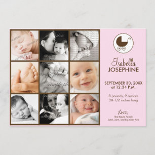 Faire-part de naissance bébé rose en collage photo